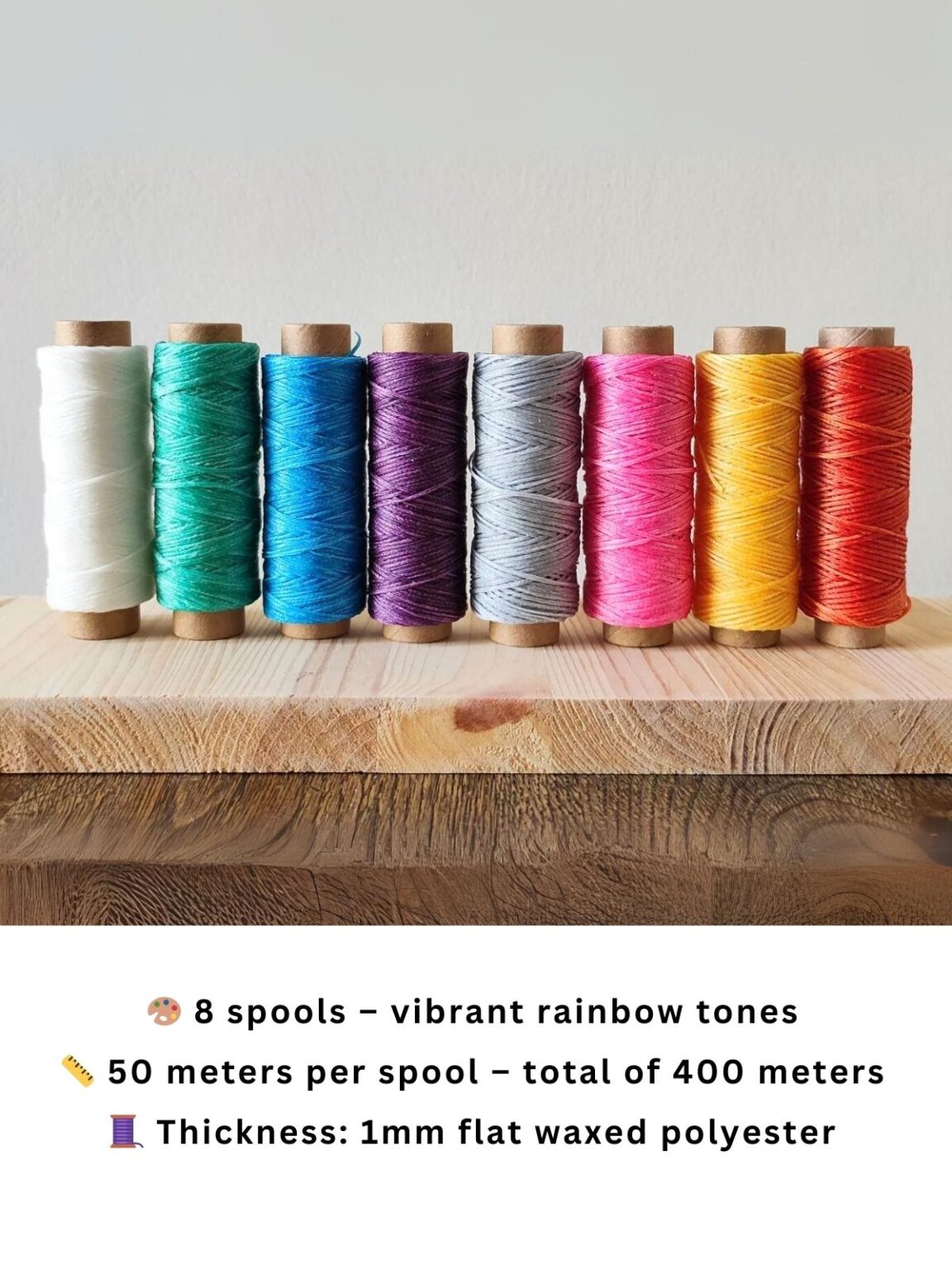 1mm Polyester Cord – bright rainbow tones on wooden shelf, 8 spool bundle