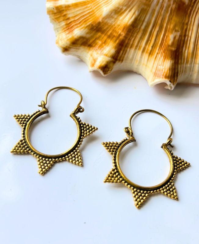 5/20 Pairs Sunburst Tribal Hoop Brass Earrings