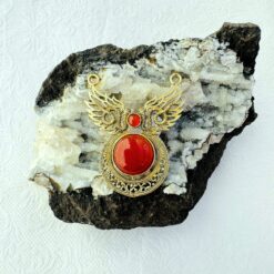 Big Coral Red Stone Ethnic Brass Pendant for Jewelry Making