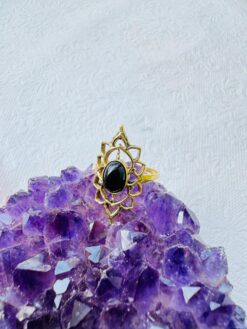 5/20 Pieces Black Onyx Lotus Brass Ring