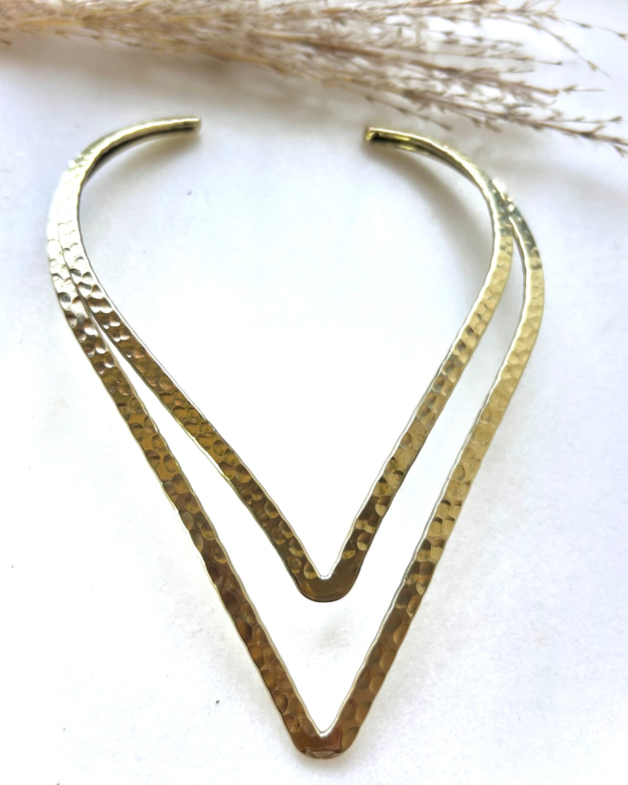Hammered Layered V Shape Brass Choker Set